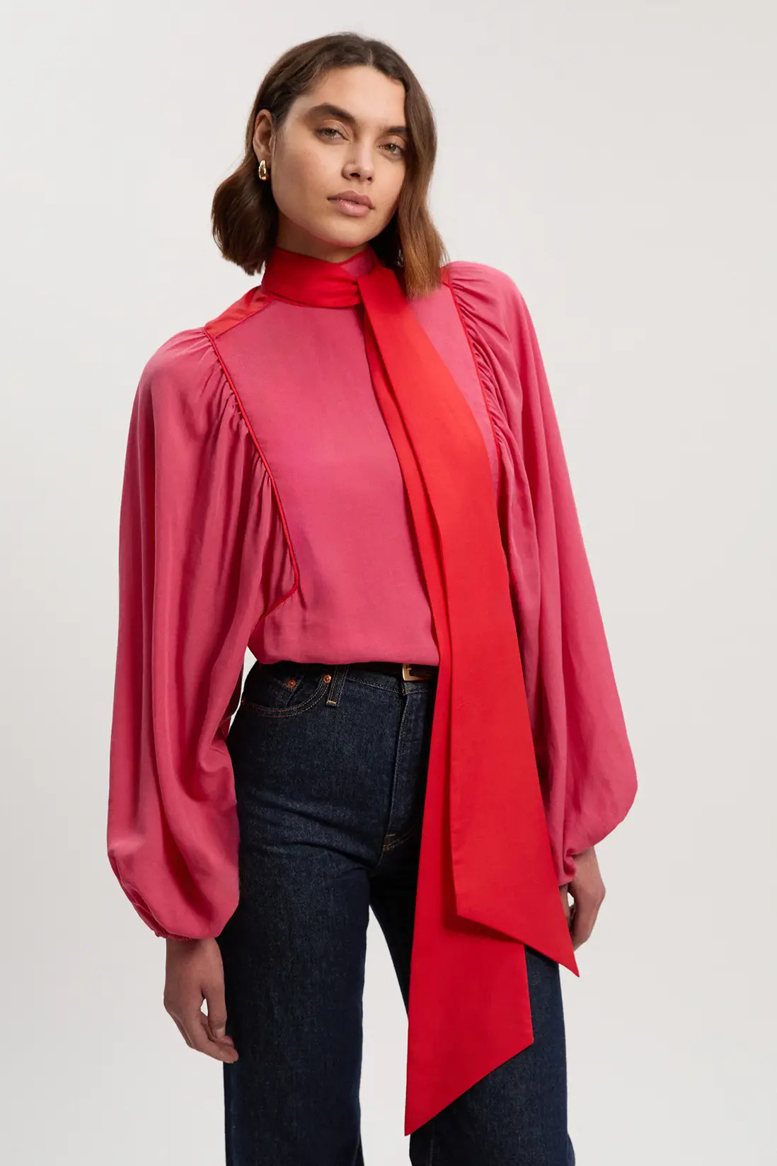 Tops | Colour Block Fluid Tencel Woven Tie Neck Blouse | KarenMillen | Karen Millen US