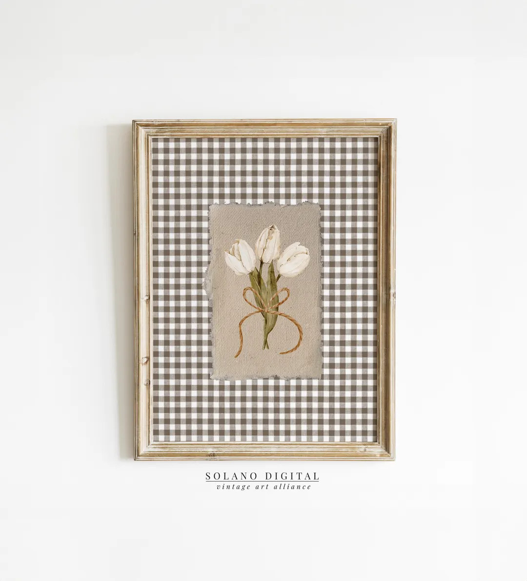 Brown Gingham White Flower Print Digital Downloadable Wall Art Trendy Decor Vintage Floral Painti... | Etsy (US)