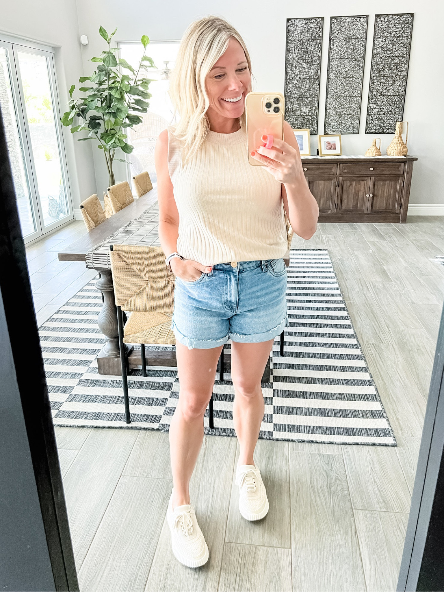 Love this ribbed tank top with jean shorts and crochet shoes. XS tank top, 0 shorts (run big go down a size) and 8 sneakers. Evereve summer outfit ideas 

#LTKshoecrush #LTKSeasonal #LTKstyletip