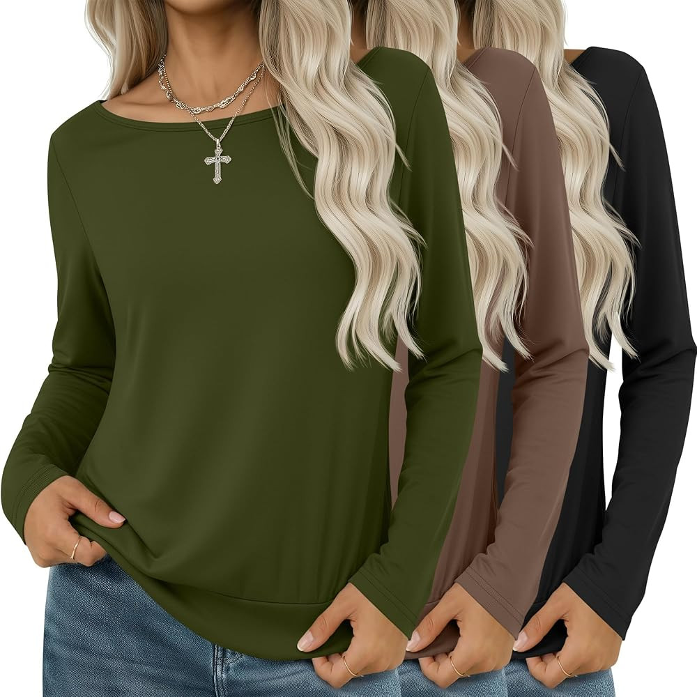 3 Pack Women's Boat Neck Shirts Long Sleeve Banded Bottom Tunic Tops Loose Fit Fall Casual Basic ... | Amazon (US)