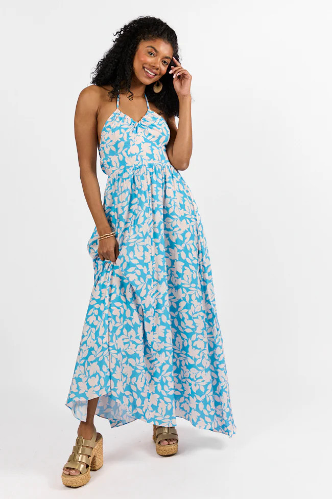 Golden Days Blue Halter Neck Printed Maxi Dress FINAL SALE | Pink Lily