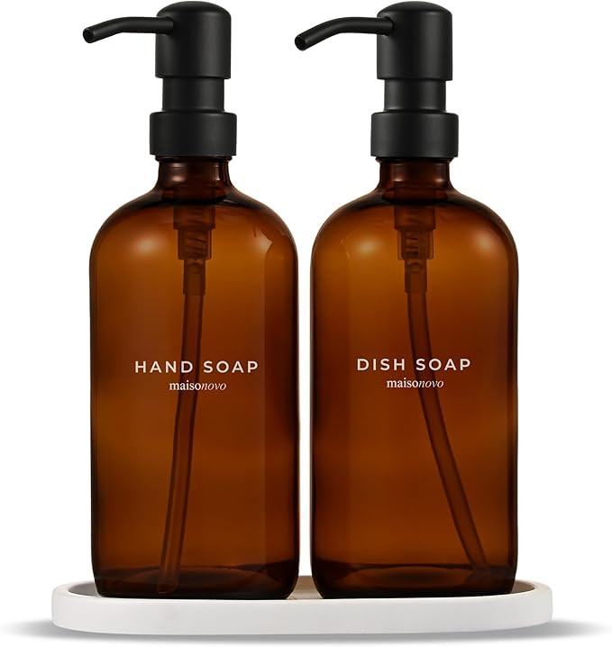 MaisoNovo Kitchen Soap Dispenser Set | 16.9 fl oz Amber Glass Soap Dispenser with Black Pump x 2 ... | Amazon (US)