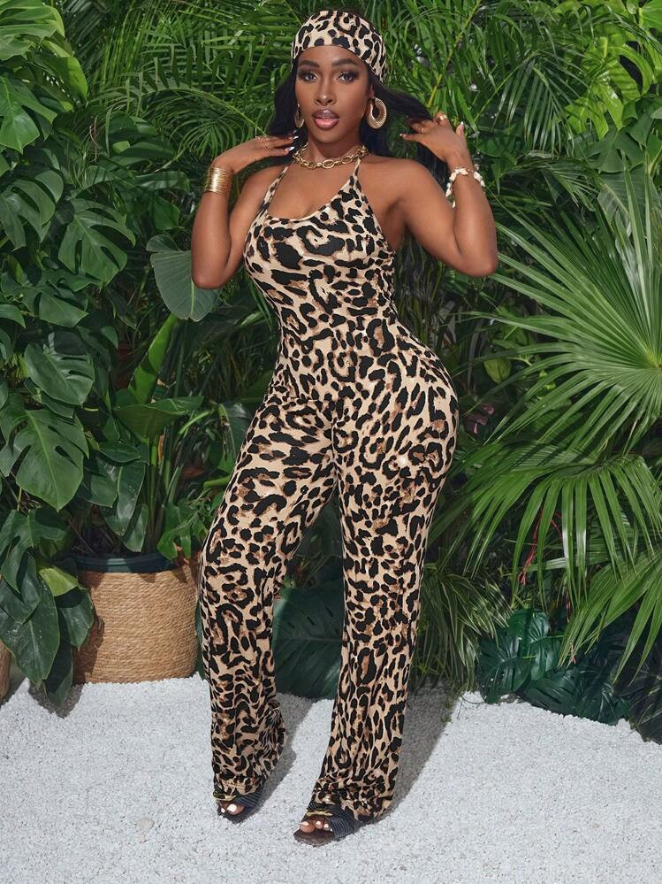 Slaydiva Street Style Deep V Neck Leopard Print Backless Halter Umitard Jumpsuit With Kerchief | SHEIN
