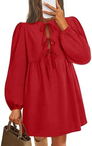 ZESICA Women's Dress Fall Long Puff Sleeve Self Tie Front Babydoll A Line Pleated Cute Mini Tunic... | Amazon (US)