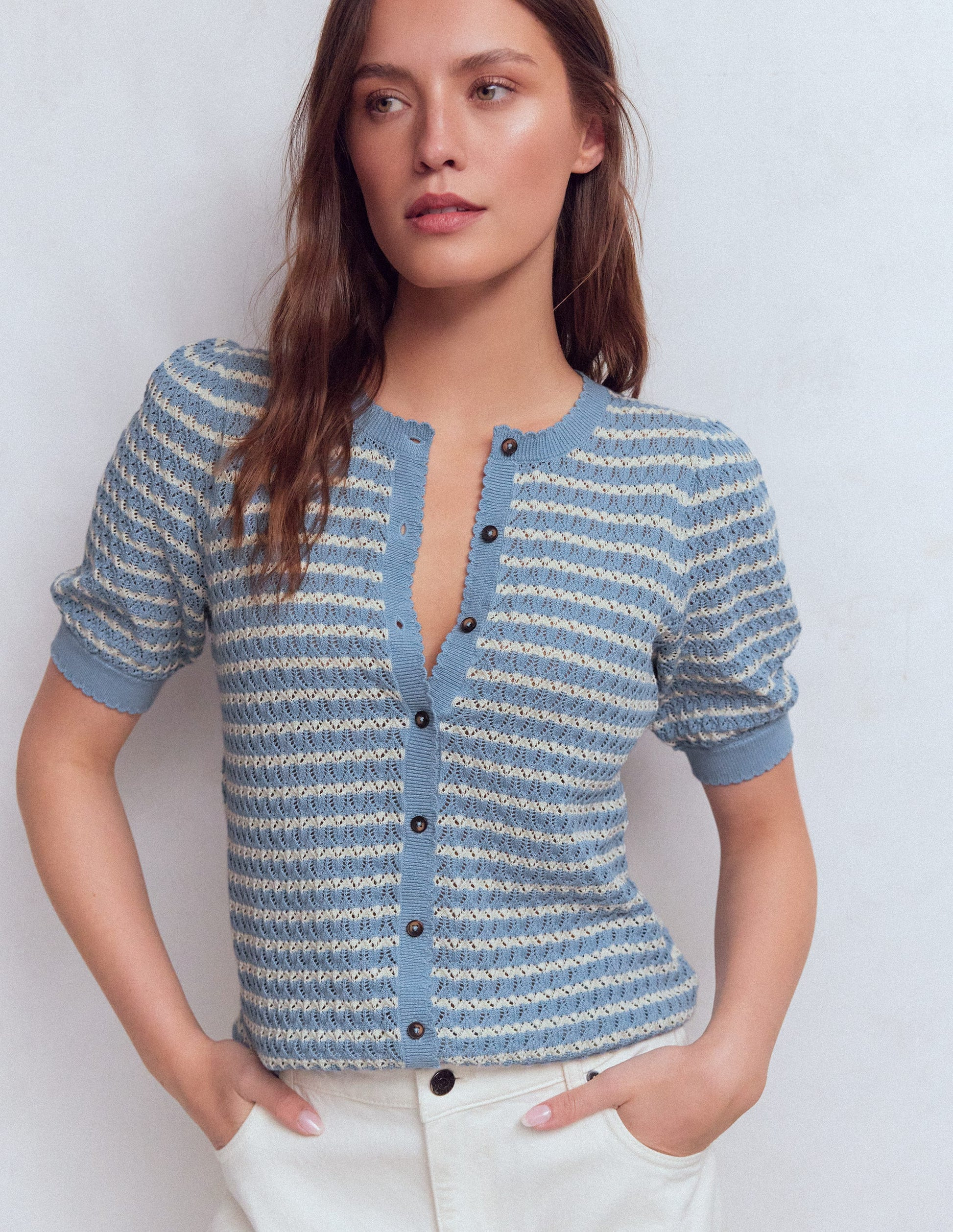 Dot Pointelle Cardigan-Blue Stripe | Boden (US)
