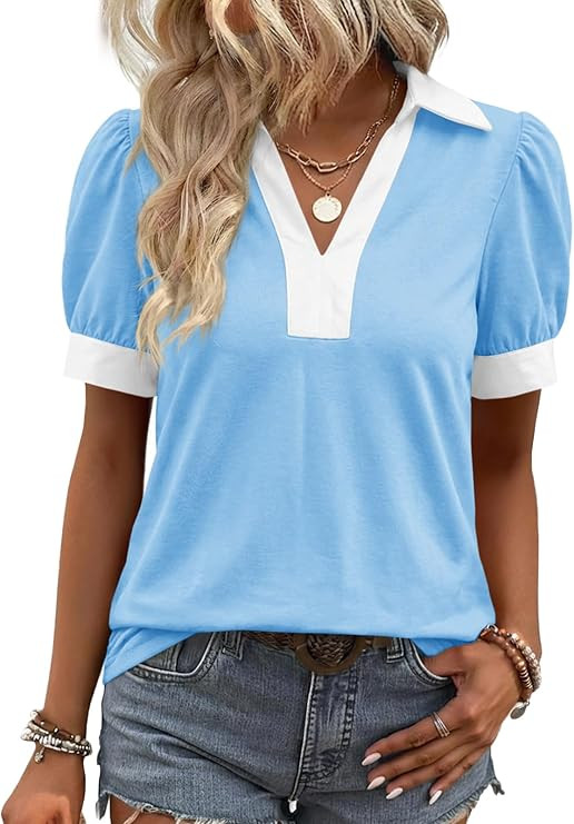 Tankaneo Womens Short Puff Sleeve Tops Summer Casual Color Block Blouses Lapel V Neck Loose Polo ... | Amazon (US)