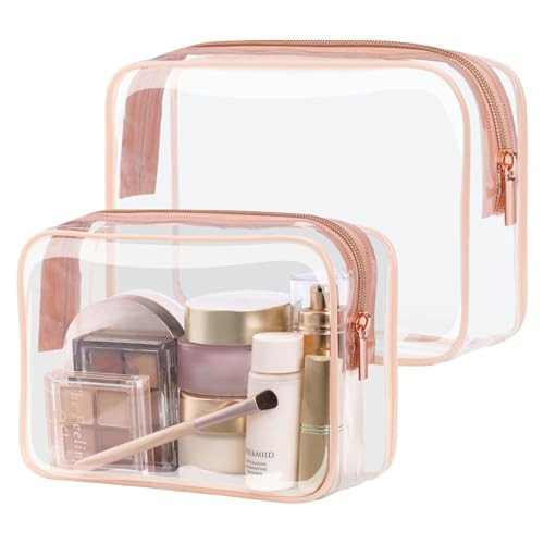 PACKISM TSA Approved Toiletry Bag 2 Pack - 1 Medium TSA Quart Carry-On & 1 Large for Checked Luggage, Water-resistant Clear Makeup Bag Clear Travel Bags for Toiletries, Rose Pink | Amazon (US)