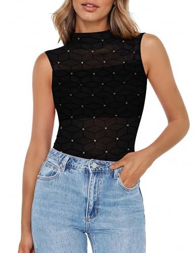 Avidlove Women Mesh Tops Sexy Sleeveless Sheer Mock Neck Tops See Through Tank Blouses Shirts Black Geo Pattern Small | Amazon (US)