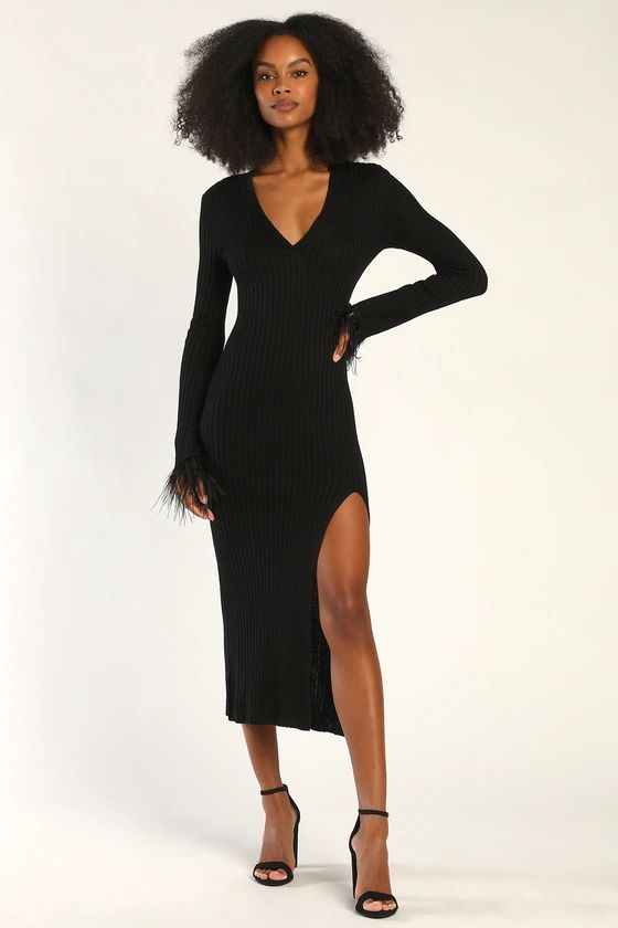 Casual Starlet Black Ribbed Knit Bodycon Midi Sweater Dress | Lulus (US)