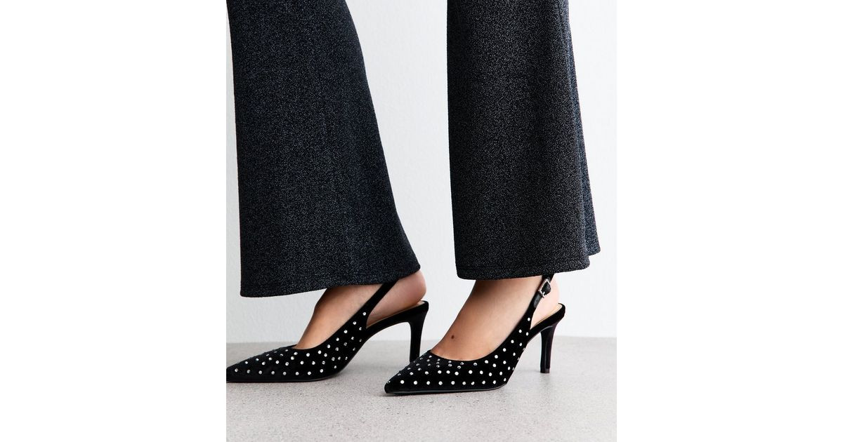 Black Velvet Diamanté Slingback Court Shoes | New Look | New Look (UK)