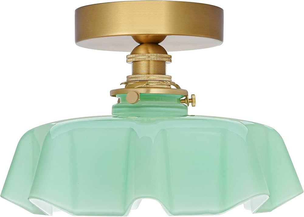 DSMJFU Brass Semi Flush Mount Ceiling Light, Cute Small Green Glass Flush Mount Ceiling Light, Po... | Amazon (US)