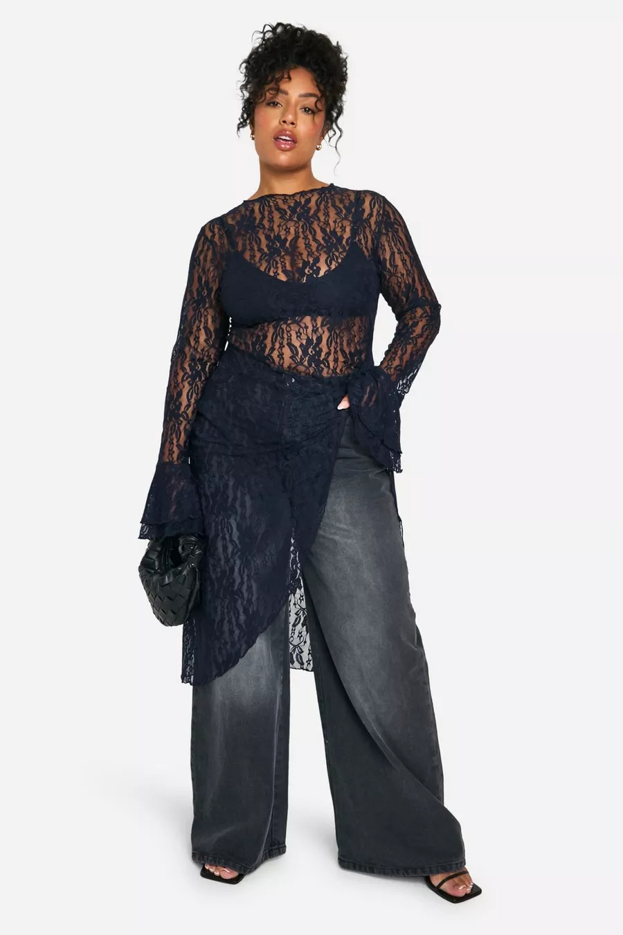 Plus Sheer Lace Long Line Flared Top | boohoo (US & Canada)