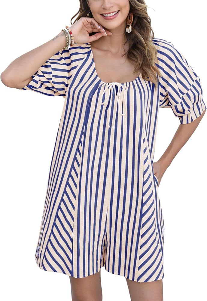 Athlisan Womens Striped Romper Casual Loose Puff Sleeve Wide Leg Jumpsuit Overall with Pockets | Amazon (US)