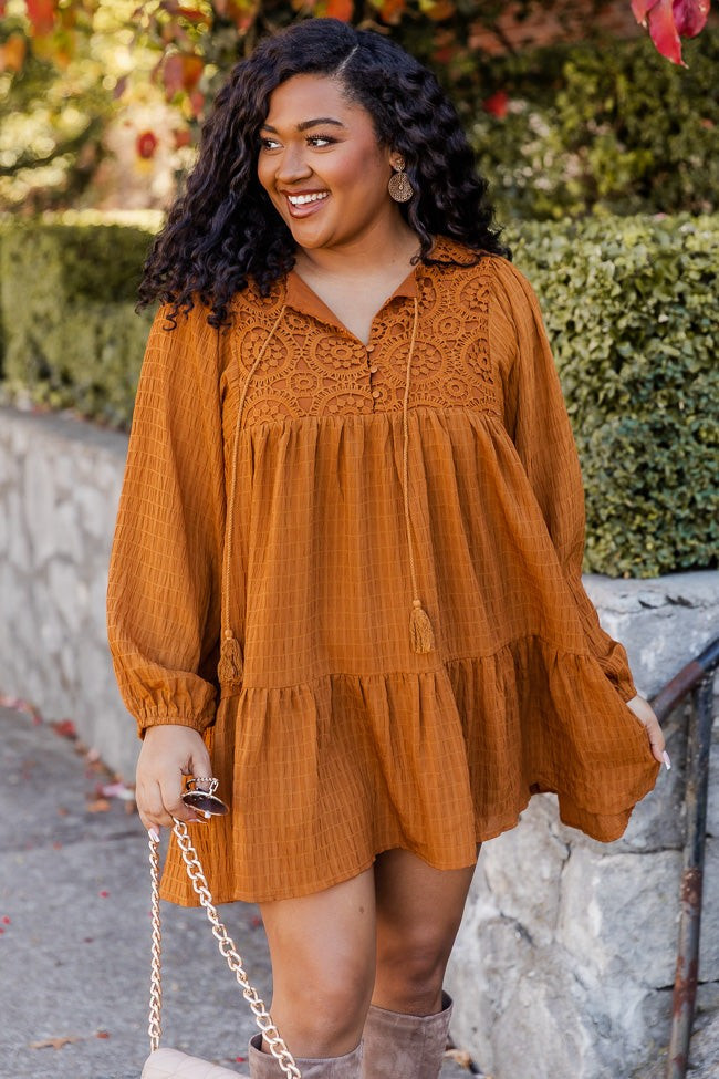 Perfectly You Camel Lace Detail Mini Dress | Pink Lily