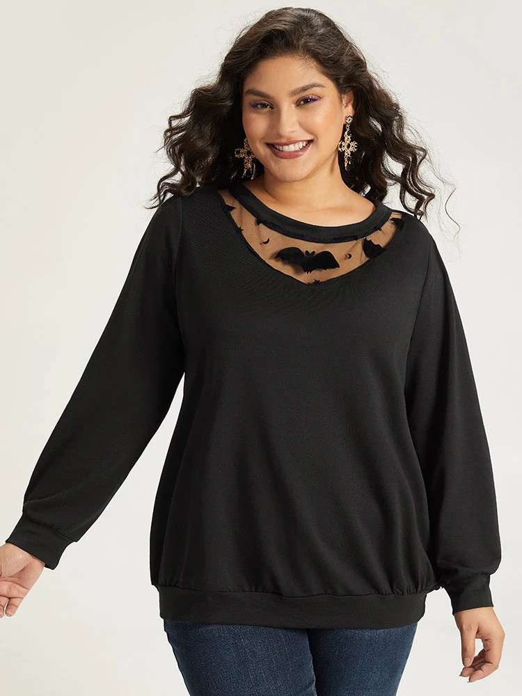 Halloween Bat Print Mesh Patchwork Sweatshirt | Bloomchic