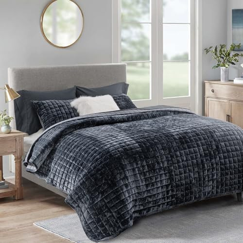 RECYCO Luxury Velvet Quilt Queen Size, Ultra Soft Velvet Bedding Sets, Lightweight Quilted Velvet Comforter Set, Channel Stitch Oversized Bedspread Coverlet with 2 Pillow Shams, Black | Amazon (US)