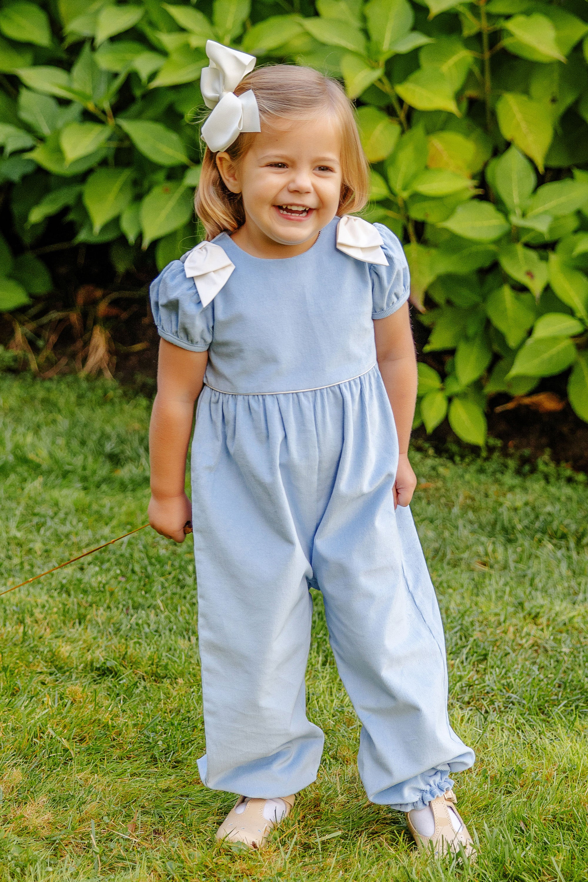 Ryleigh Romper (Corduroy) - Beale Street Blue with Palmetto Pearl Bows | The Beaufort Bonnet Company