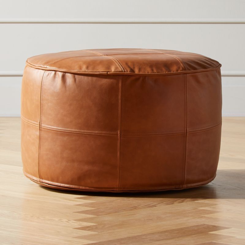 Round Saddle Leather Pouf Medium + Reviews | CB2 | CB2