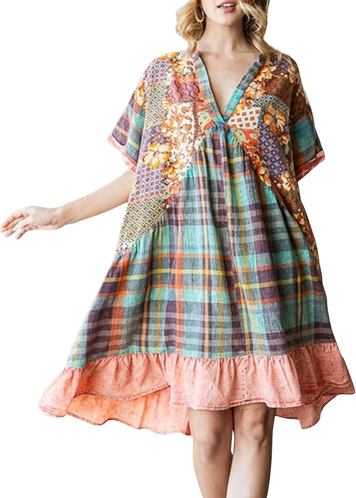 Owl's-Yard Women's Flowy Mini Dress Short Sleeve V Neck Floral Print Patchwork Dress Summer Casua... | Amazon (US)