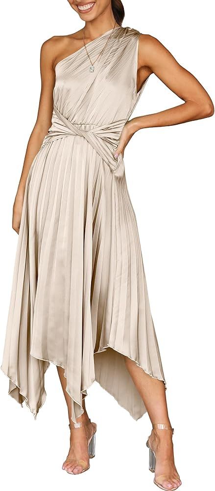 ANRABESS Women's Summer One Shoulder Midi Dress Sleeveless Twist Pleated Asymmetric Satin Cocktail P | Amazon (US)