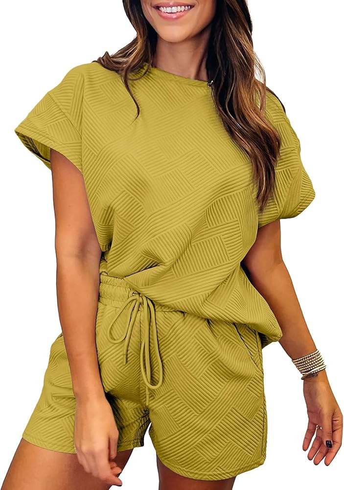 SHEWIN Women's 2 Piece Outfits Lounge Sets Casual Short Sleeve Shirts Shorts Cozy Pajamas Sweatsu... | Amazon (US)