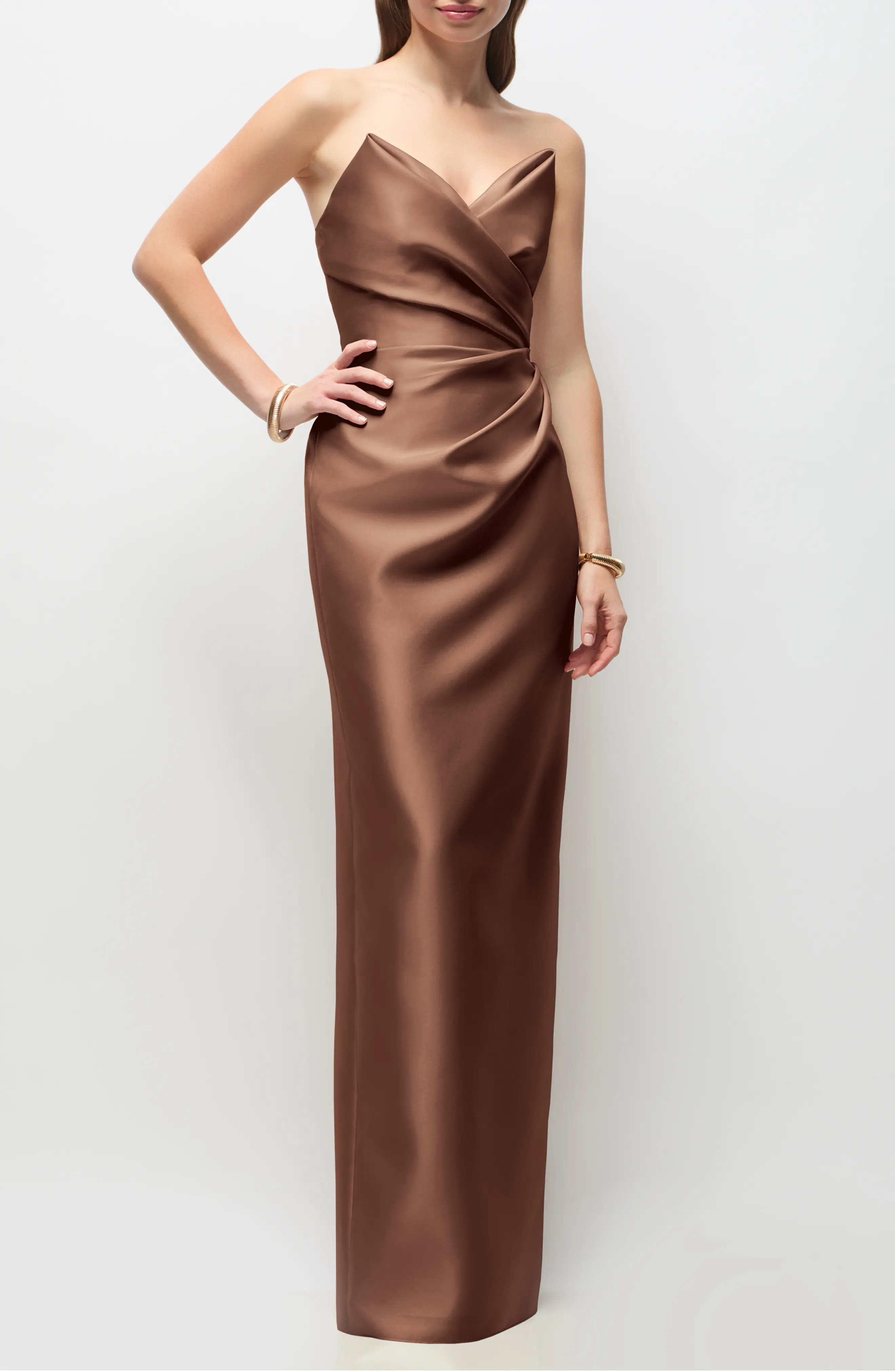 Alfred Sung Rebecca Strapless Satin Column Gown in Cognac at Nordstrom, Size 8 | Nordstrom