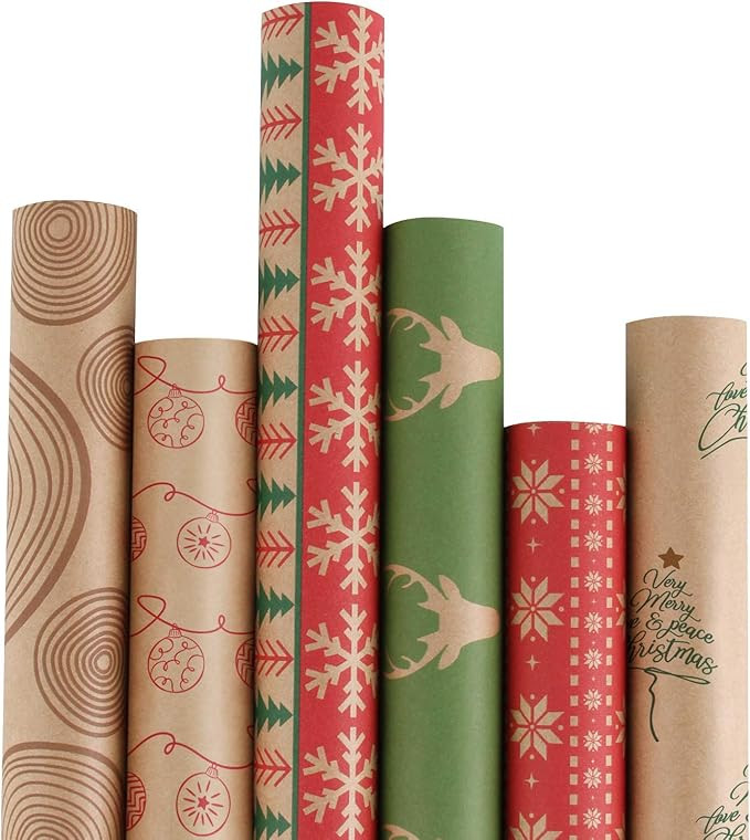 RUSPEPA Christmas Wrapping Paper - Brown Kraft Paper with Red and Green Pattern for -Christmas El... | Amazon (US)