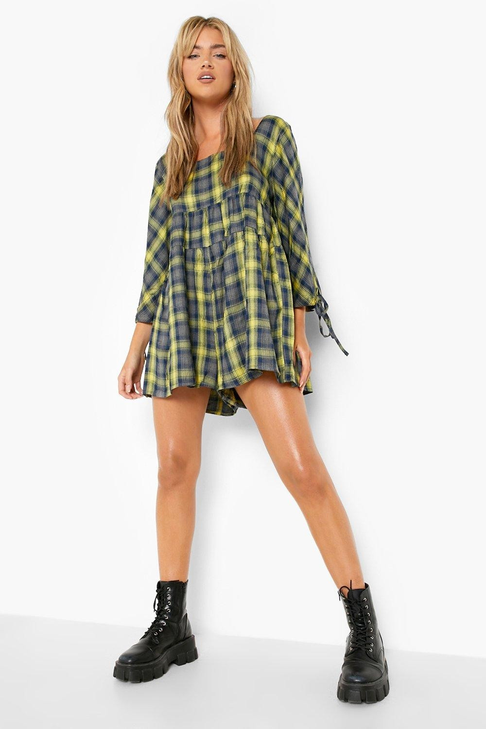 Check Puff Sleeve Smock Playsuit | Boohoo.com (UK & IE)