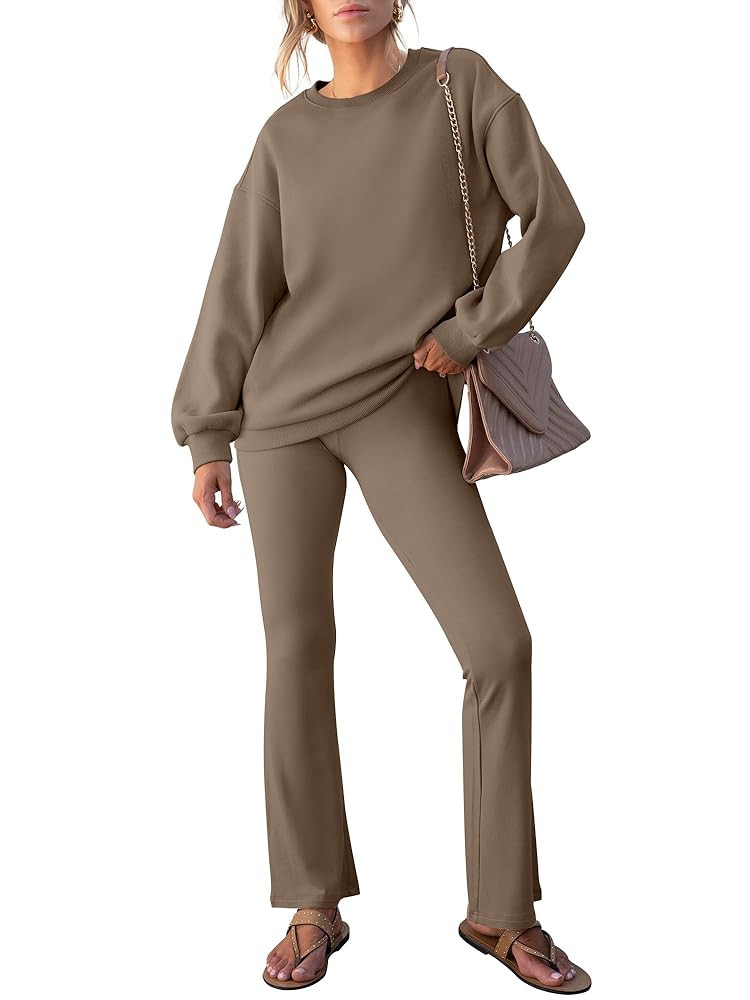 ANRABESS Women 2 Piece Sweatsuits Lounge Set Oversized Fleece Crewneck Sweatshirts Flare Pants 20... | Amazon (US)