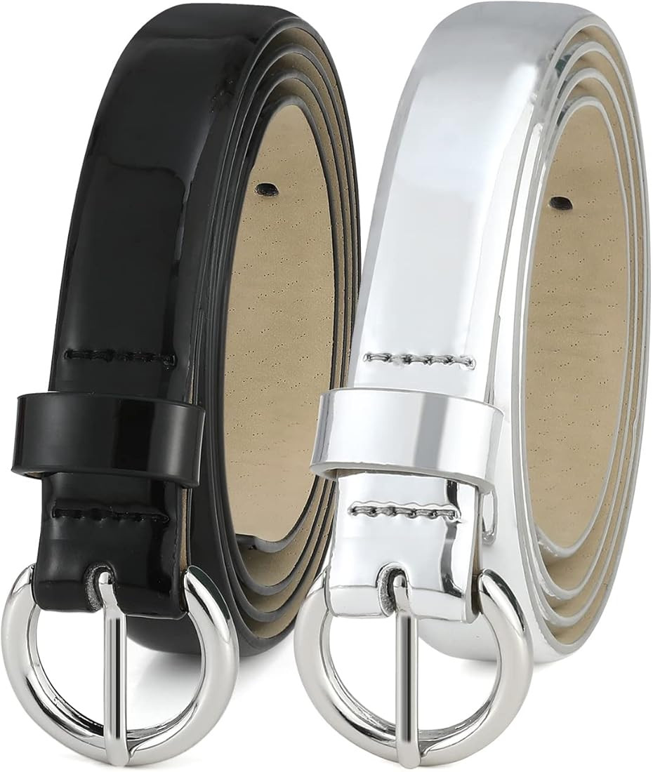 RISANTRY Black Patent Leather Thin Belts for Women - Silver Waist Belts for Womens Dress, Skinny Wom | Amazon (US)