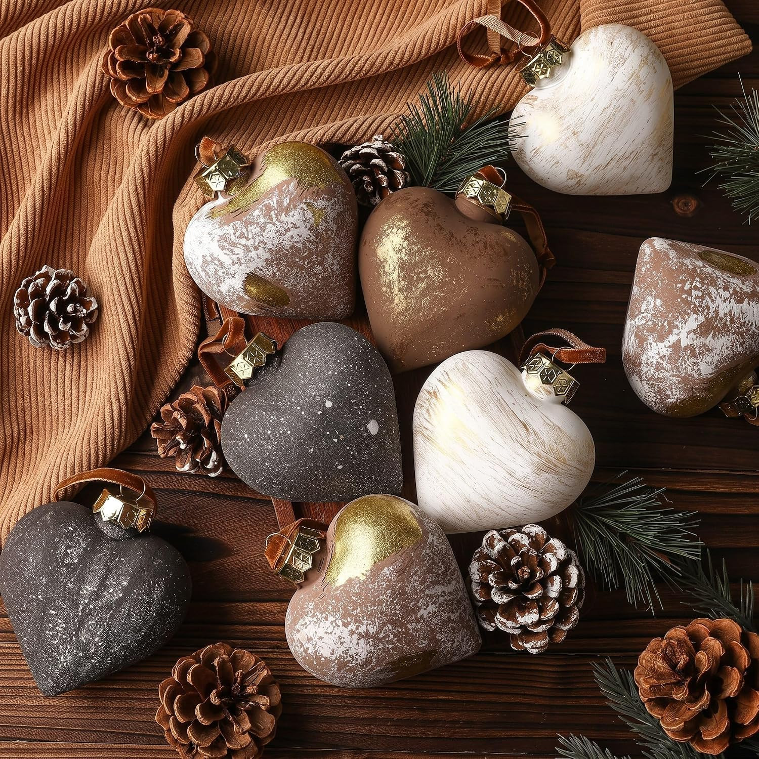 Simgoing 12 Pcs Neutral Textured Heart Christmas Ornaments 3.54 Inch | Amazon (US)