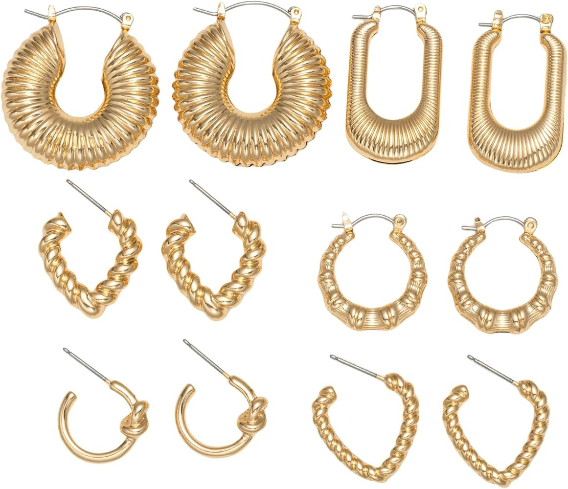 Gold Textured Hoop Earrings Set, Vintage Chunky Statement Hoops, Twisted Rope Design, Fashion Jew... | Amazon (US)