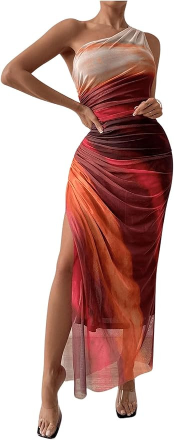 WDIRARA Women's One Shoulder Mesh Ruched Maxi Dress Tie Dye High Slit Bodycon Dresses Hot Pink Me... | Amazon (US)