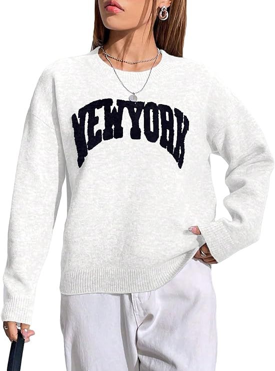 WDIRARA Women's Letter Print Drop Shoulder Sweater Crewneck Long Sleeve Casual Preppy Pullover To... | Amazon (US)