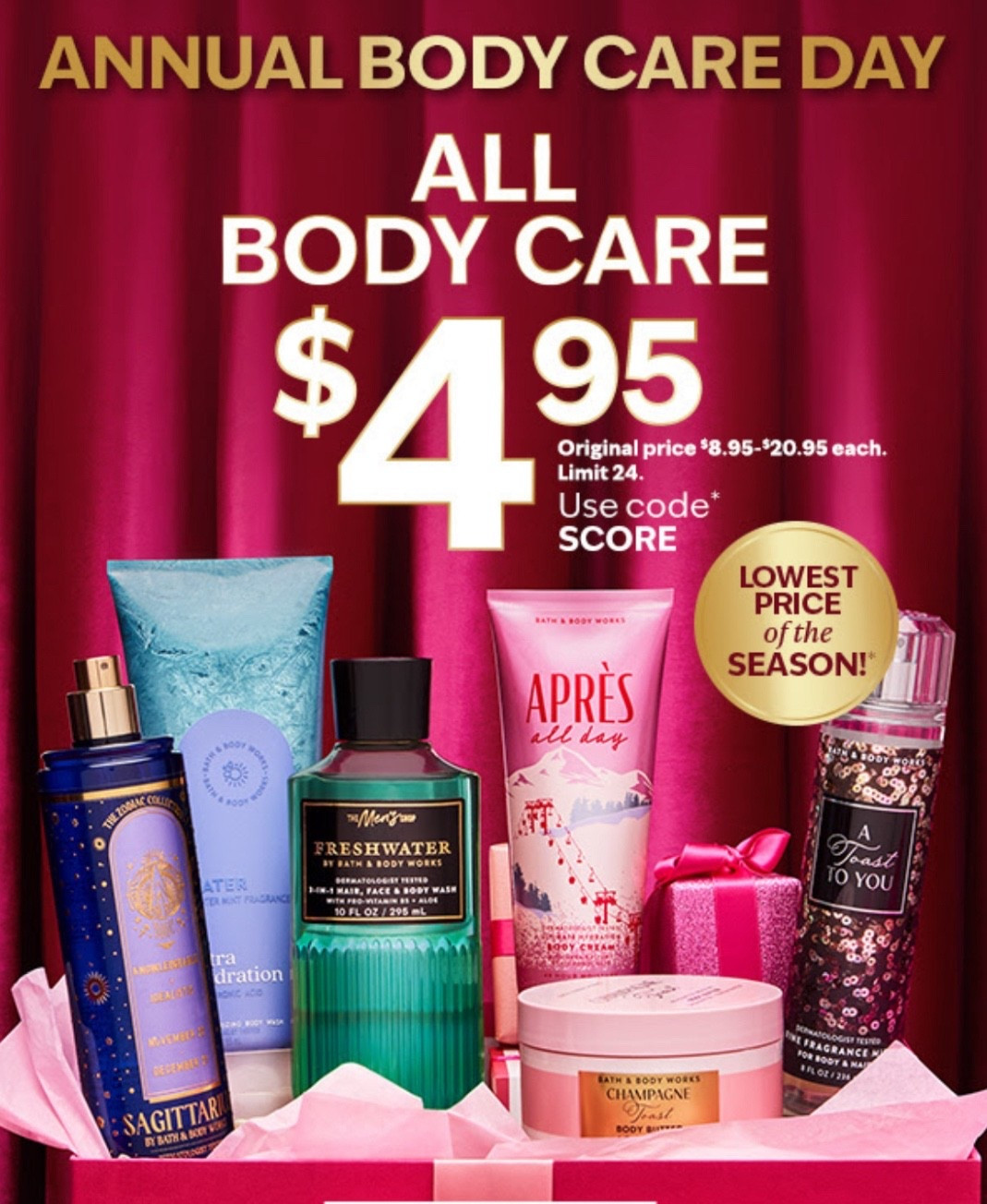 Happy Friday! Today is Bath & Body Works Annual Body Care Day where all body care products are only $4.95!!! Best pricing of the entire year today 🙌🏻 Use code SCORE to take advantage of the deal! 

#LTKGiftGuide #LTKSaleAlert #LTKBeauty