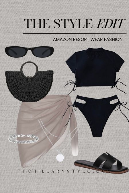 AMAZON Resort Wear Fashion: Beach Cover Up, Two-Piece Bikini, Black Sandals, Sunglasses, Silver Jewelry, Wicker Purse.

#LTKSeasonal #LTKtravel #LTKstyletip