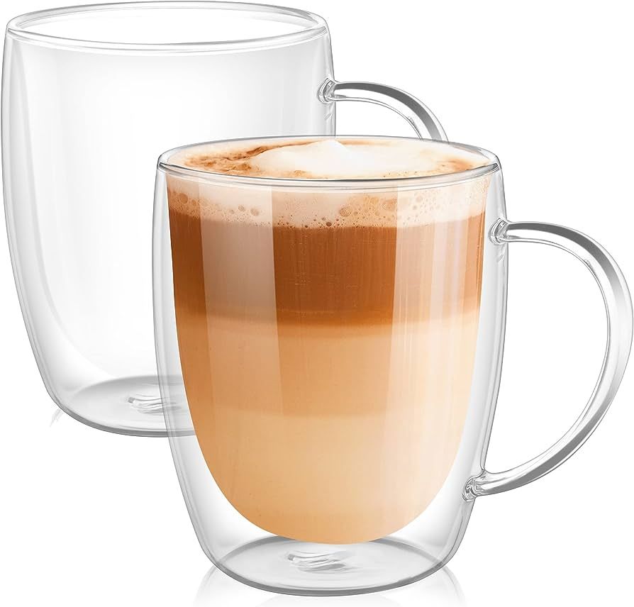 PunPun Coffee Cups Clear Coffee Mugs, Espresso Cups,Double Wall Glass Coffee Mugs with Big Handle... | Amazon (US)