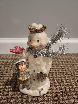 Glittered Sugared Sparkle Resin Snowman W Tinsel Scarf & Bird 8" | eBay US