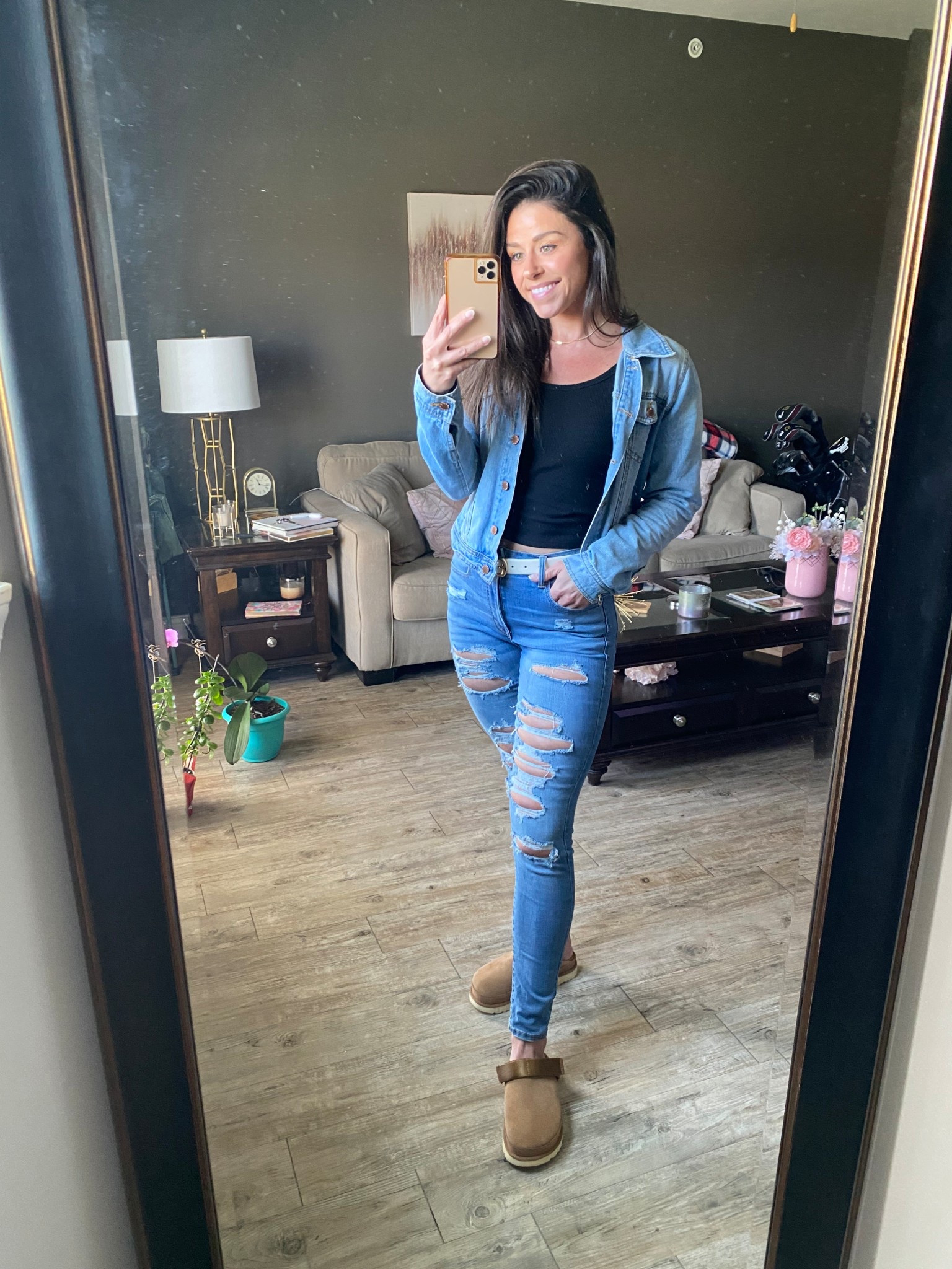 Denim on denim! Denim jacket and ripped denim super high waisted Jeggings! Perfect out for a cool spring day! Added my UGG Goldenstar clogs, white and gold belt plus gold jewelry to complete the look. 

#LTKFindsUnder50 #LTKShoeCrush #LTKStyleTip