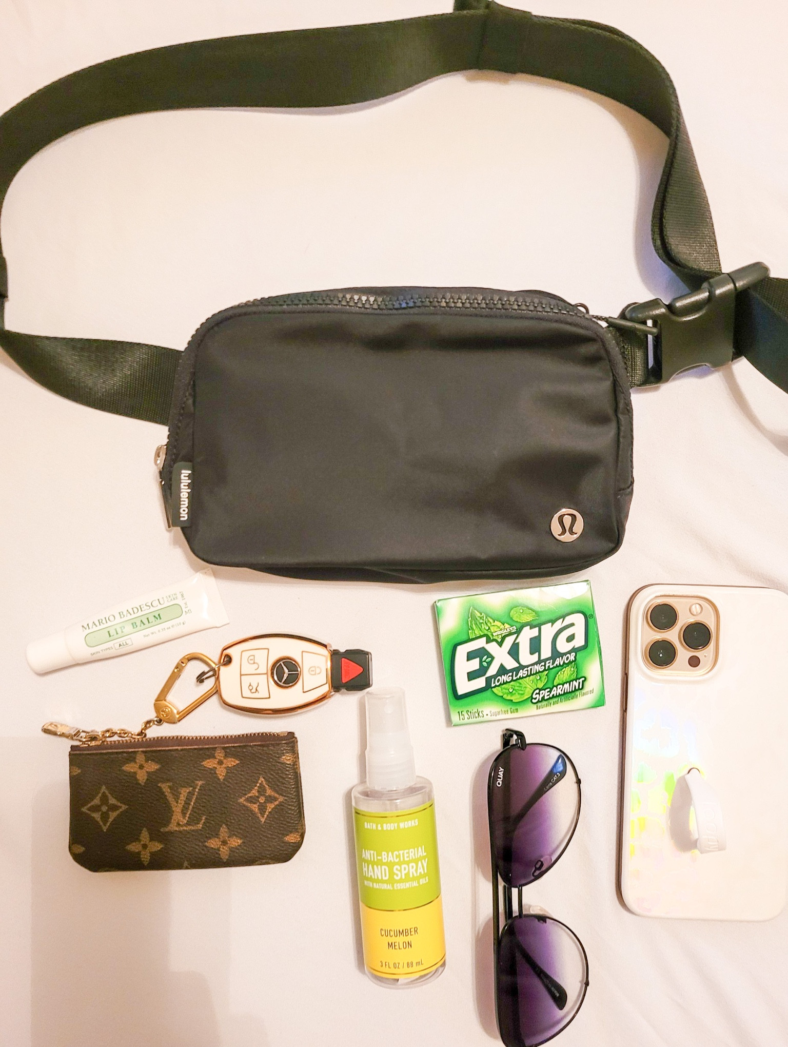 Lululemon everywhere belt bag
What’s in my bag
Gym bag
Key fob cover
Amazon finds
Mercedes Benz 
Key
Mario badescu lip balm
Quay Australia high key oversized aviator sunglasses 
Bath and body works spray sanitizer 
Bum bag
Fanny pack
Gift idea 

#LTKfit #LTKitbag #LTKGiftGuide