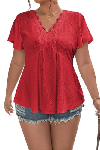Eytino Womens Plus Size Lace Crochet V Neck Short Sleeve Eyelet Peplum Blouse Shirts Summer Tops,4X Fiery Red | Amazon (US)