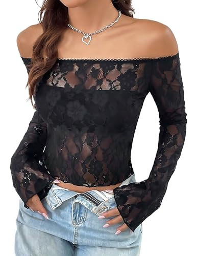 Avidlove Lace Long Sleeve Tops for Women Y2k Off The Shoulder Tops Sexy Sheer Bell Sleeve Going Out Tops(Black,L) | Amazon (US)