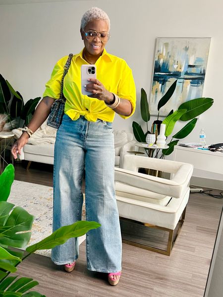 Sunday Funday yellow button down shirt size medium, wide leg jeans size 8 and accessories  

#LTKover40 #LTKsalealert #LTKstyletip