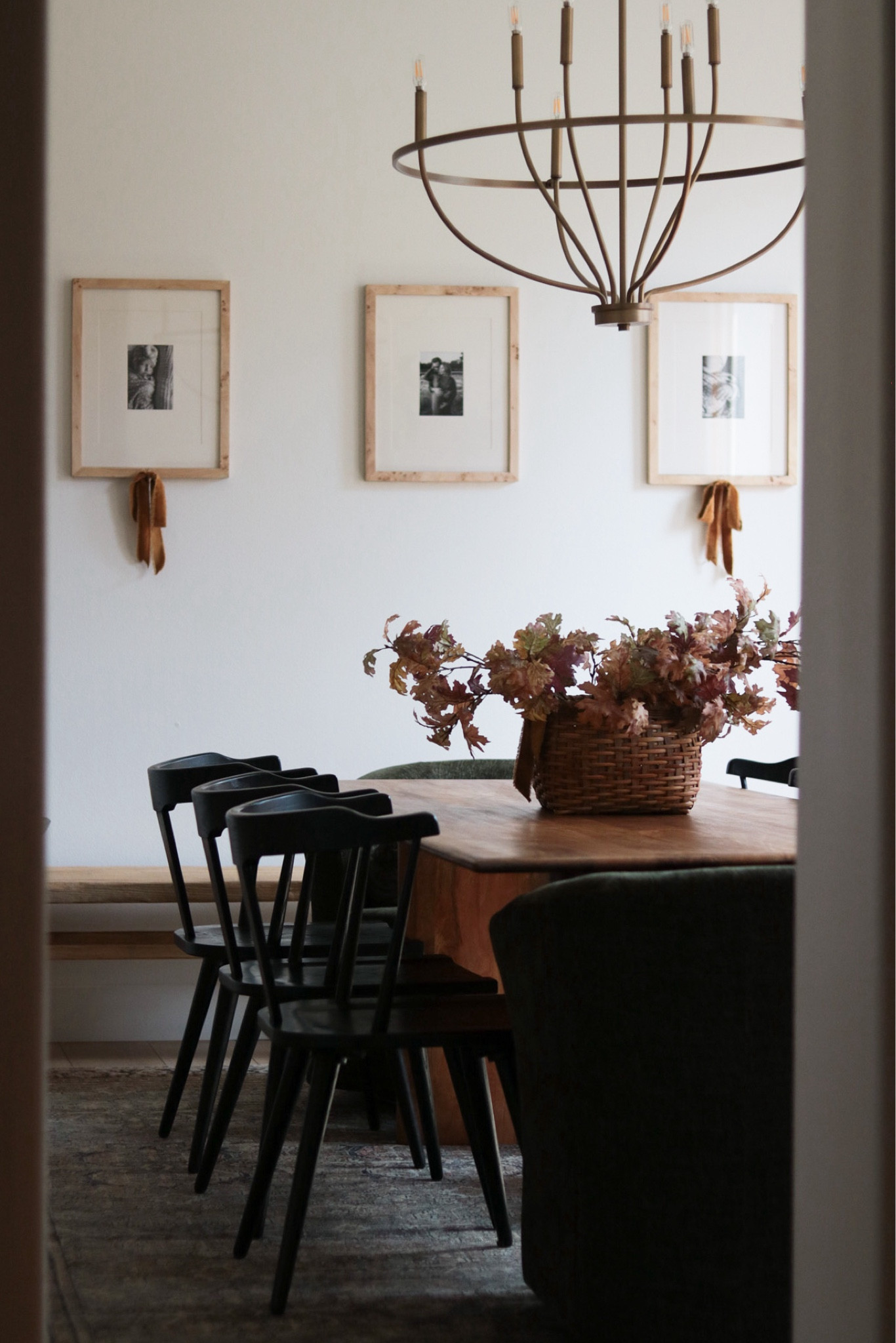 Fall Dining Room, Fall Decor, Autumn Stems, Gallery Wall, Burlwood Frame, Gallery Mat, Gold Ribbon, Gold Chandelier, Rustic Bench, Modern Dining Table

#LTKSeasonal #LTKHome #LTKFindsUnder50