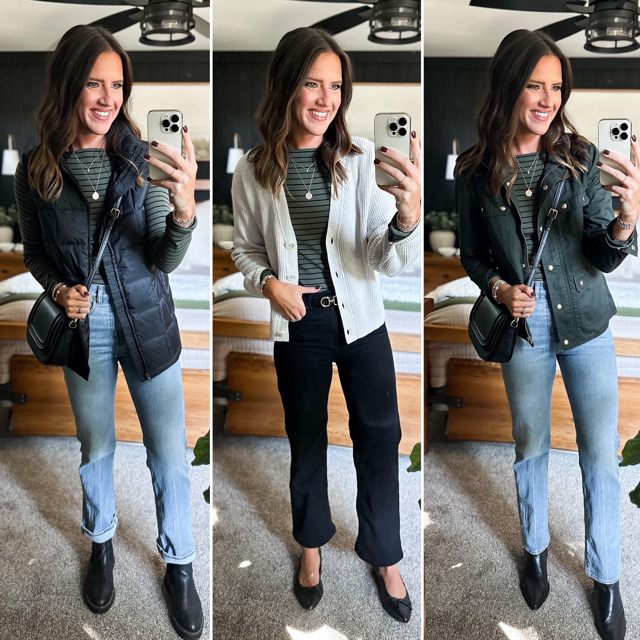 Fall Capsule Wardrobe - Green Stripe Shirt 

Stripe shirt - small tall 
Puffer vest - size down, I’m in a xs 
Light wash jeans - size down, I’m in a 25
Black jeans - size 26 
Ivory cardigan - medium 
Green jacket - small 


#LTKStyleTip #LTKFindsUnder100 #LTKFindsUnder50
