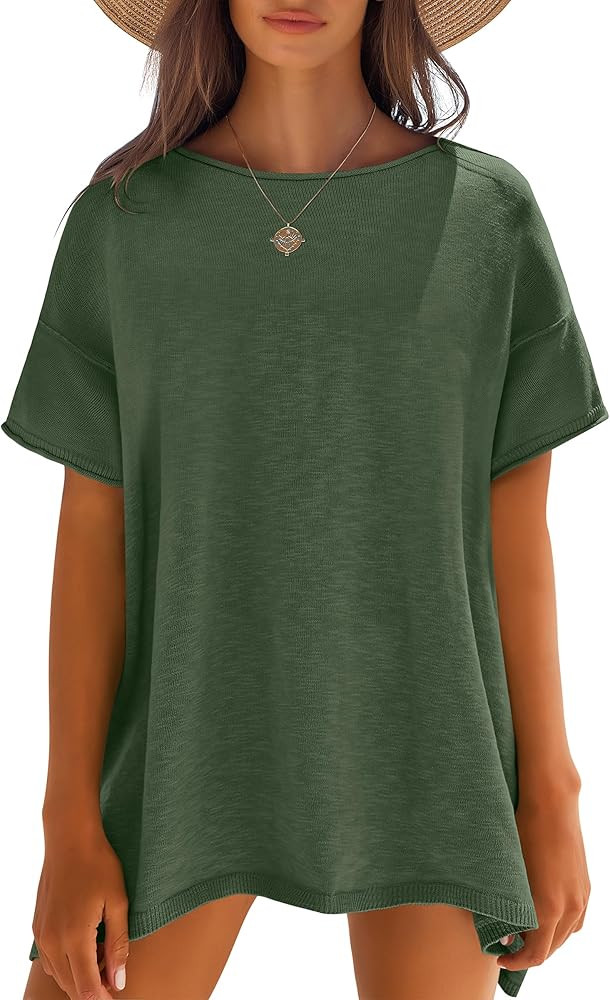 Caracilia Women Summer Lightweight Sweater Top Oversized Short Sleeve Drop Shoulder Seams Outside... | Amazon (US)
