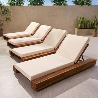 Broadway Sandblast Teak Brown 4-Piece Wood Outdoor Chaise Lounge with Cream Cushions | The Home Depot