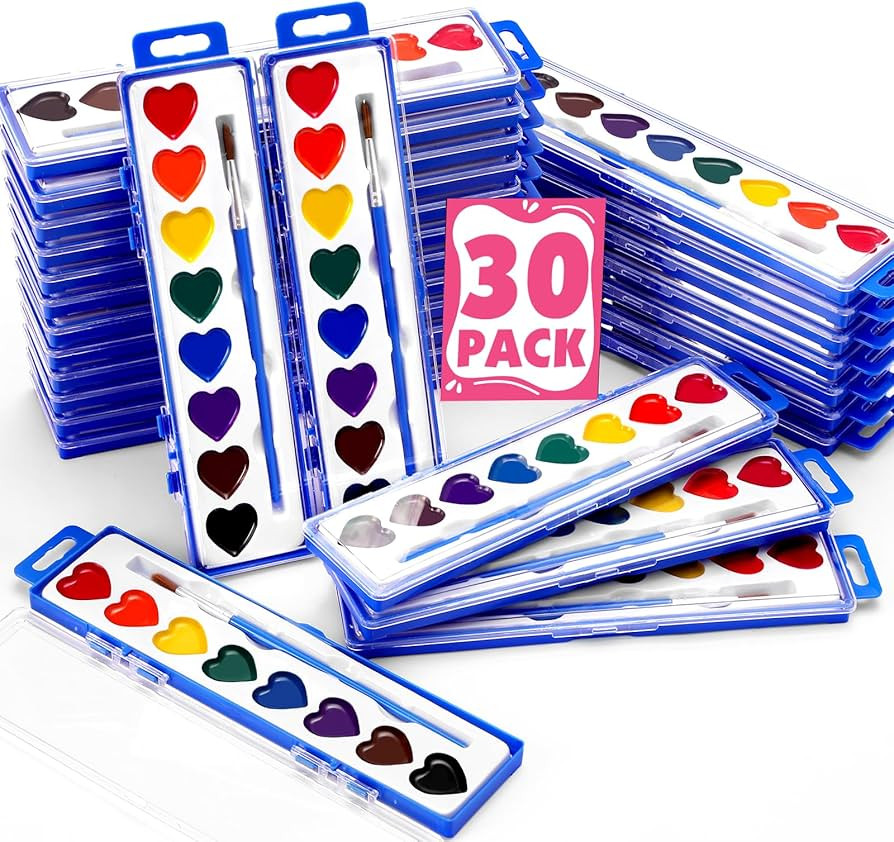 30 Pack Heart Watercolor Paint Set,8 Colors Washable Valentines Water Color Paint Set for Kids wi... | Amazon (US)