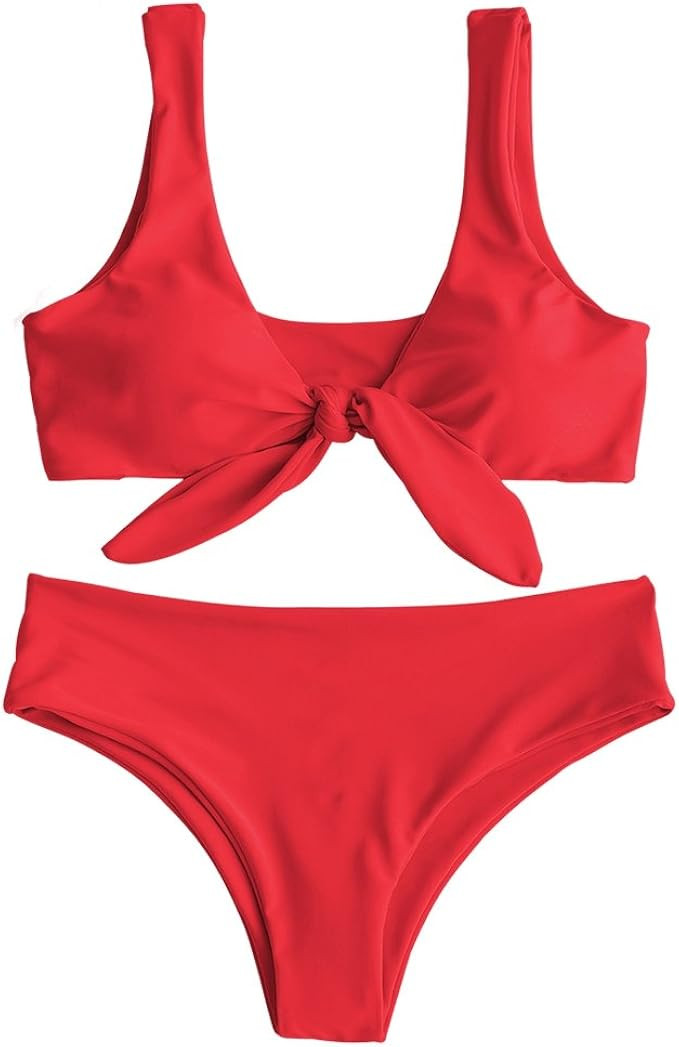 ZAFUL Womens Solid Color Strap Padded Front Knot Bikini Set | Amazon (US)