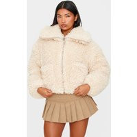 Cream Faux Fur Pocket Detail Crop Jacket | PrettyLittleThing US